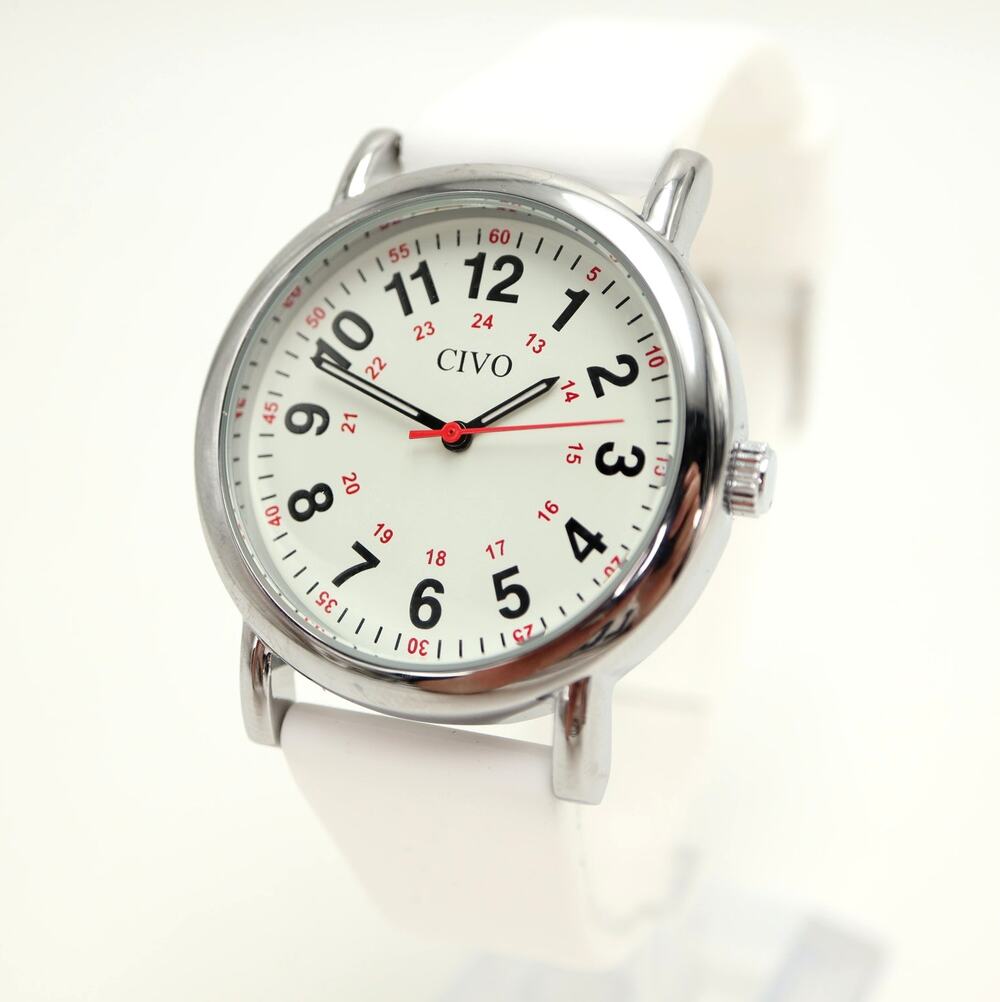 Civo Classic Easy Read Silver Tone Watch White Silicone Strap w New Battery